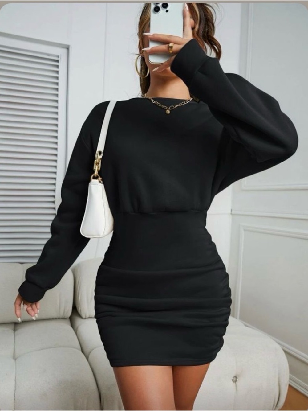 NWOT Women's Black Ruched Sweatshirt Bodycon Dress